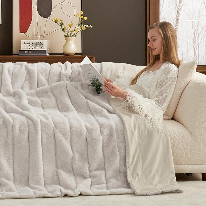 Cozy Bliss Deluxe Sheared Rabbit Faux Fur Throw Blanket, Soft Fuzzy High-Low Sculpted Plush Blanket for Couch, Cozy Home Accent, All Season Use, Beige 90"x90"