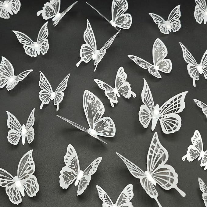 72pcs White Butterfly Wall Stickers, 3D Butterfly Decorations for Birthday Wedding Party Decorations, Cake Room Table Decorations, Removable Stickers