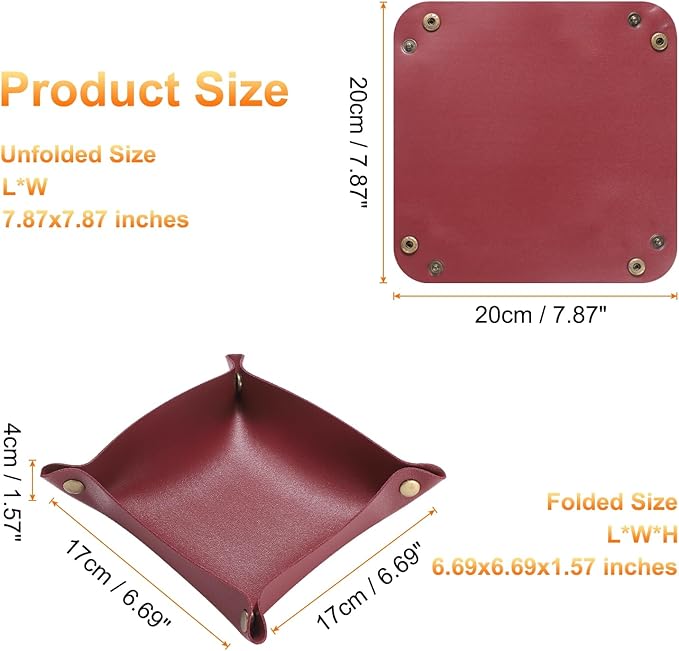 HARFINGTON 2pcs PU Leather Valet Tray Unisex Folding Small Catchall Tray Portable Entryway Table Tray Nightstand Bedside Desk Tray for Key Wallet Watch Coin Jewelry Dice, Wine Red