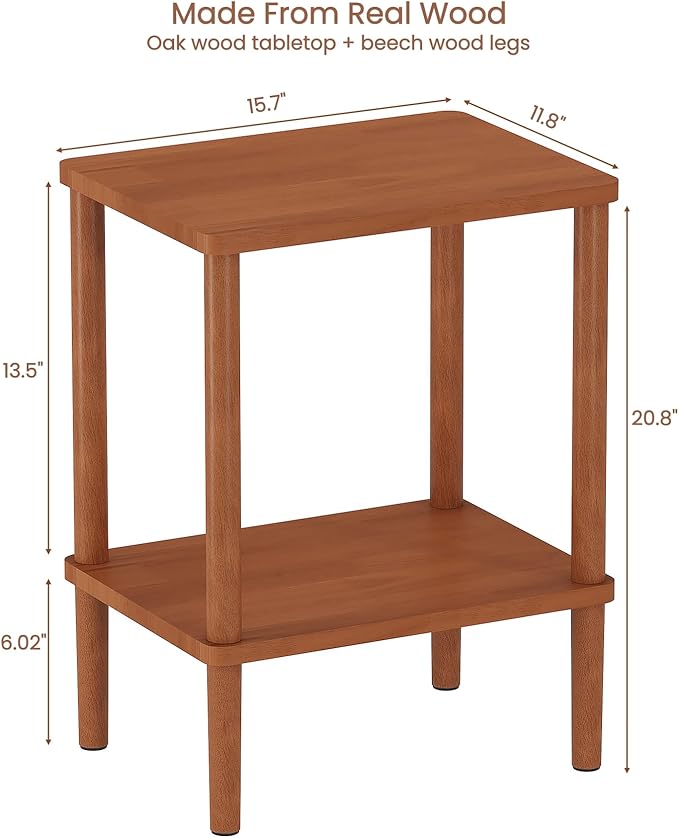 LUCKNOCK Solid Wood Side Table, 2-Tier Small End Table with Storage Shelf, Narrow Nightstand Bedside Table for Small Spaces, Bedroom, Living Room, Farmhouse, No-Tool Assembly.