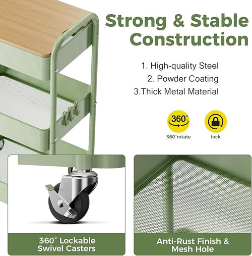 3 Tier Rolling Cart with Table top, Metal Rolling Utility Cart, Sturdy Storage Organizer Cart with Locking Wheels & Hooks for Office, Classroom, Kitchen and Bathroom