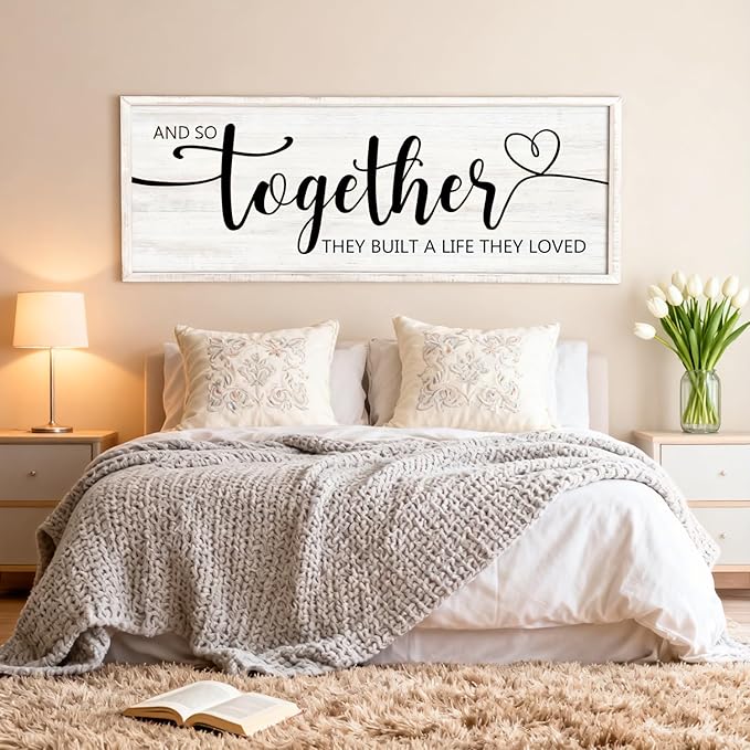 And So Together They Built A Life They Loved Decorative Rustic Sign & Plaque Framed Wall Art for Couples, 40''×15' Wooden Long Wall Decor Above Bed, Vintage Horizontal Farmhouse Wedding Gift