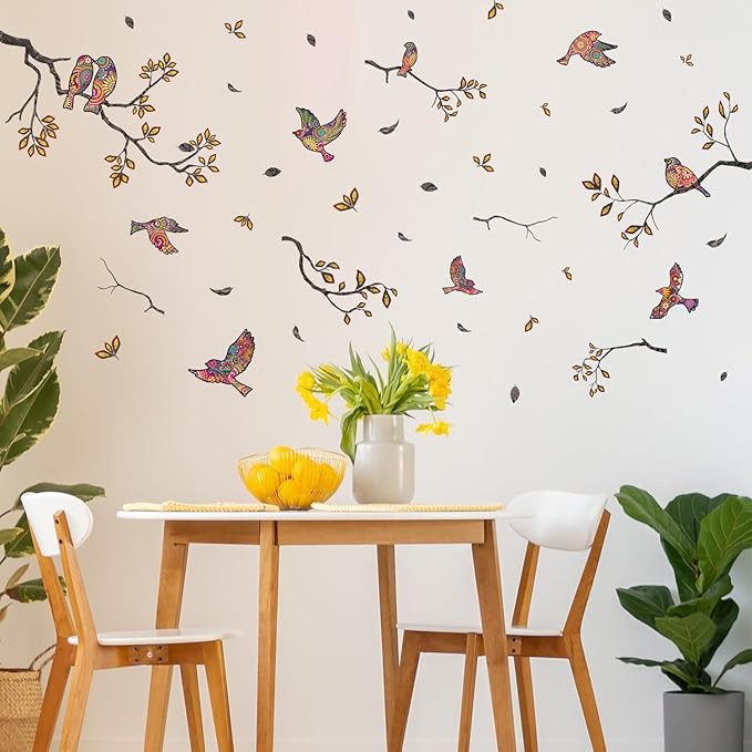 HLNIUC Chinoiserie Birds on Branches Window Clings 35”x12”Tree Branch and Bird Wall Decals in Colorful Flower Pattern Spring Summer Hummingbird Room Sticker DIY Floral Bird Wall Stickers for Bedroom