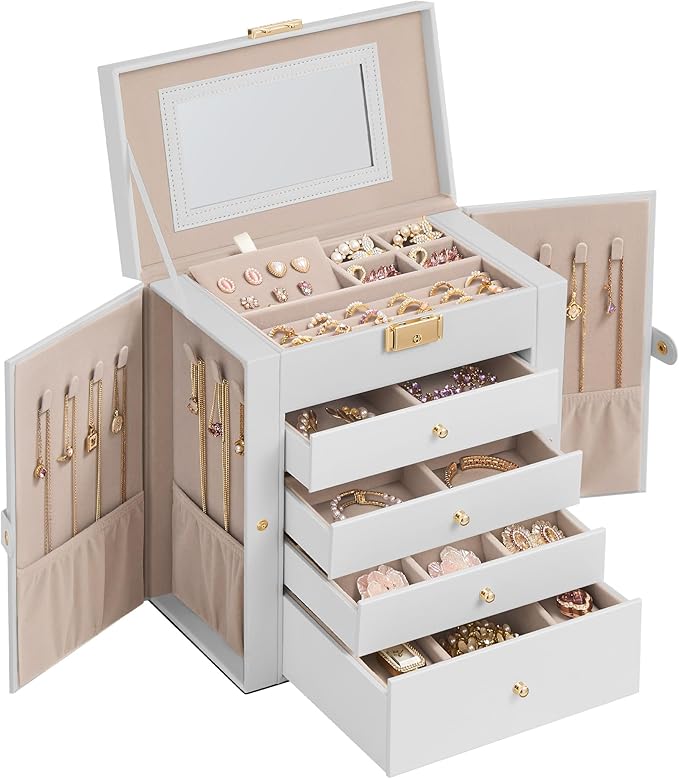 SONGMICS 5-Layer Jewelry Box Organizer with 4 Drawers, Jewelry Storage Case with Lock and Mirror, Large Storage Capacity, Gift for Loved Ones, for Necklaces, Watches, Cream White UJBC153WD01S