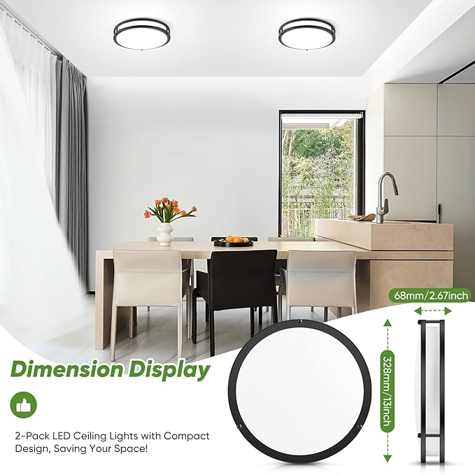 2-Pack 36W LED Ceiling Lights Black, 13inch Flush Mount Light Fixtures 3600LM 2700K/3000K/4000K/5000K/6500K Color Changing Ceiling Lights, Modern Dimmable Lighting for Kitchen Living Room Bedroom