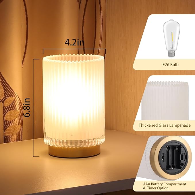 Battery Operated Lamp, Cordless Table Lamp with Timer, Desk Bedside Lamps with LED Warm Light, Glass Small Table Lamp for Bedroom, Bathroom, Living Room, Home Decor - Frosted White