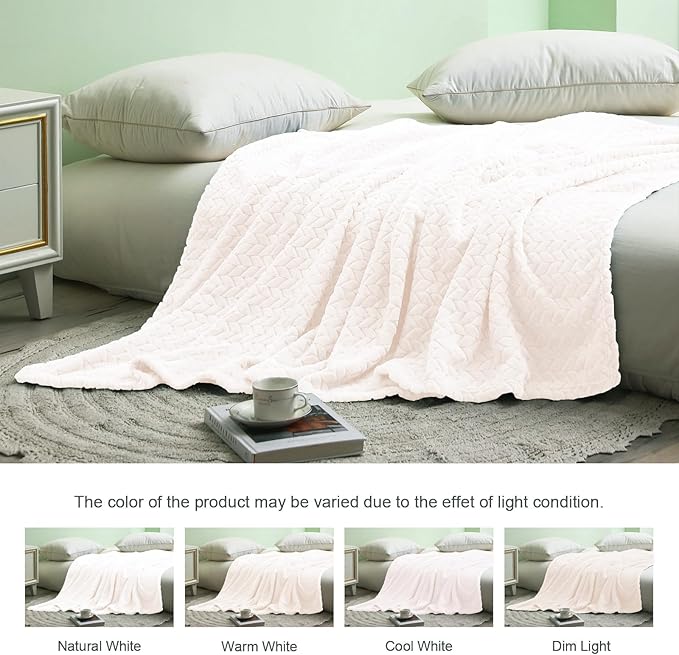 Exclusivo Mezcla Fleece King Size Blanket for Bed, 90x104 Inches Soft Cozy Jacquard Flannel Blankets, Lightweight Fuzzy Plush Warm for Women, Off White