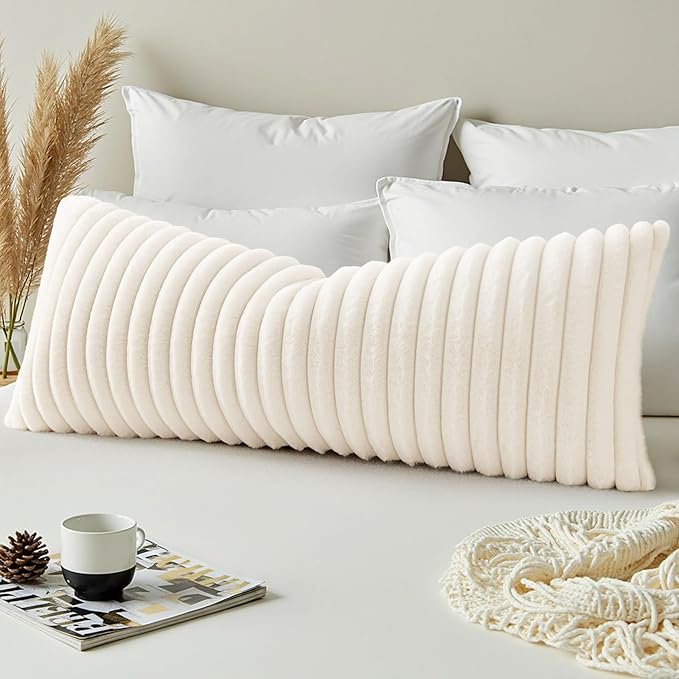 decorUhome Summer Cozy Faux Fur Throw Pillow Covers 14x36 Set of 1 Decorative Soft Plush Striped Lumbar Modern Farmhouse Boho Couch Pillow Cases with Velvet Back for Sofa Bed Living Room, Cream White
