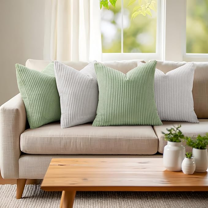 Mecatny Corduroy Decorative Throw Pillow Covers 16x16 Set of 2 for Sofa Living Room, Soft Neutral Boho Couch Pillow Covers for Home Decor, Sage Green