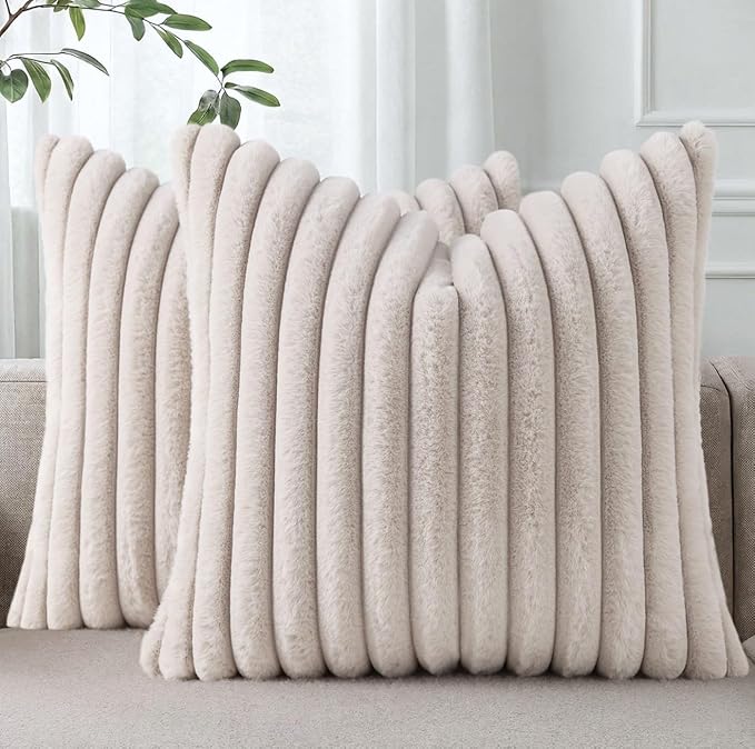 Pallene Faux Fur Plush Throw Pillow Covers 18x18 Set of 2, Luxury Soft Fluffy Striped Decorative Pillow Covers for Sofa, Couch, Living Room, Tan