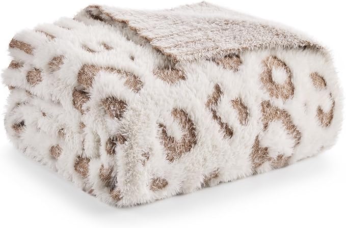 Snuggle Sac Leopard Luxury Faux Fur Throw Blanket for Couch,Ultra Soft Cozy Plush Fluffy Blanket for Sofa Bedroom Living Room,Beige Leopard,50x60 inches