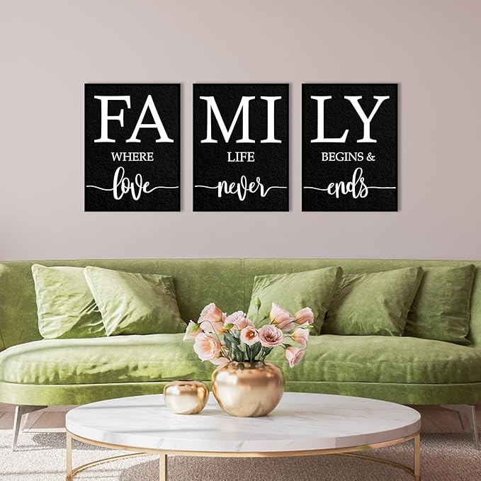 Family Where Life Begins And Love Never Ends Wall Art: 3 Piece Family Quotes Wall Art Prints Framed 12"x16",Love Signs Wall Decor Above Bed,Farmhouse Wall Decor for Living Room Dining Room