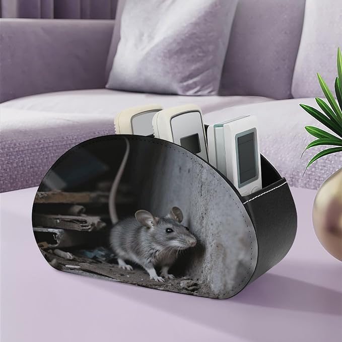 Mouse Hiding in The Corner Remote Control Holder Organizer Box with 5 Compartment PU Leather Bedside Storage Caddy Remote Organizer for Controller Media Player Pen/Pencil Storage