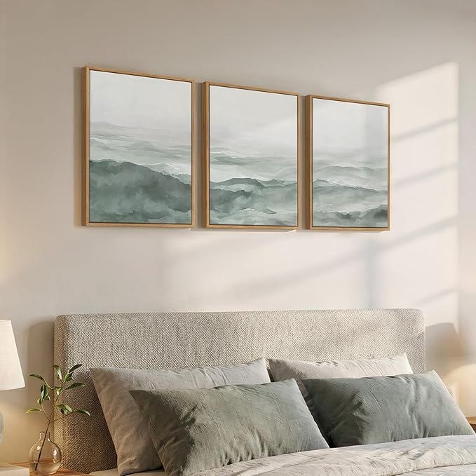 Framed Abstract Landscape Pastel Green Room Wall Decor, 3 Piece Modern Minimalist White Misty Mountain Wall Art for Living Room, Painting Print Canvas Artwork for Bedroom Home Office Walls, 12x16 Inch