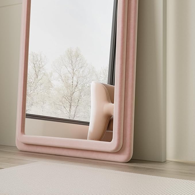 Floor Mirror, Full Length Mirror with Stand, 63"x24" Freestanding Arched Mirror Full Length Hanging or Leaning, Wall Mounted Mirrors with Flannel Frame, Large Mirrors for Bedroom (Pink)