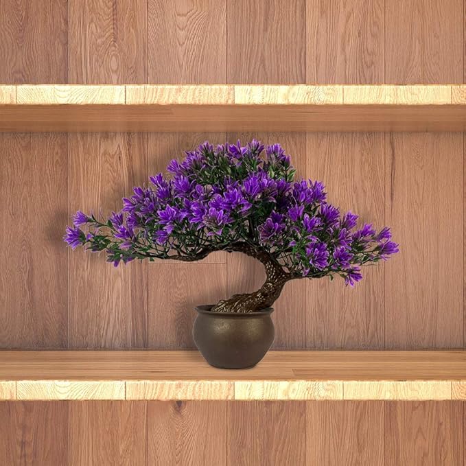 Artificial Bonsai Tree Fake Plants for Home Decor, Living Room Bathroom Bookshelf Entryway Table Wall Shelf Modern Farmhouse Decor, 9.5" Tall, Purple