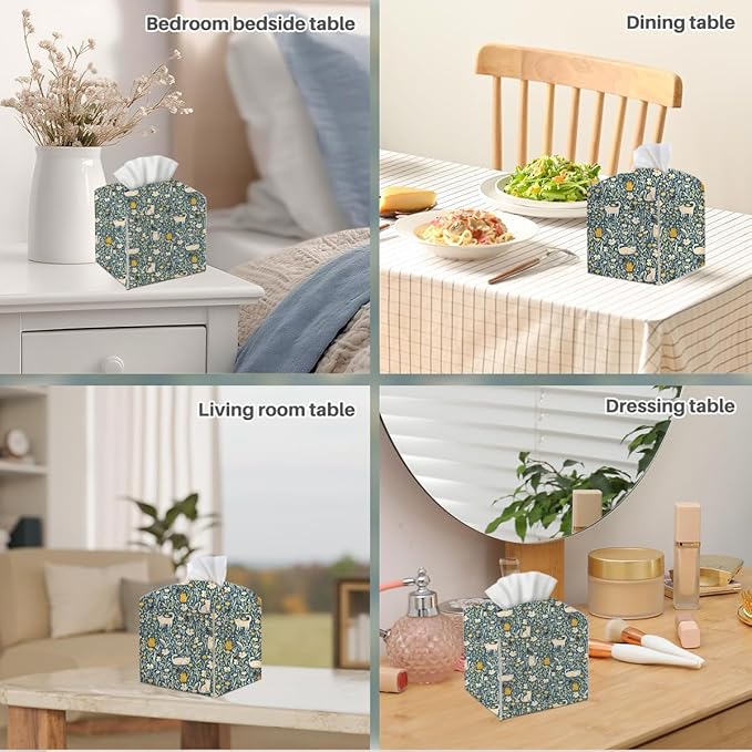 Tissue Box Cover, Tissue Box Holder, Square with Belt Bottom, PU Leather Decorative Organizer for Desk, Tabletop, Countertop Bathroom, Toilet Car, Office, Dresser Bedside, Cute Cat Flower Decor