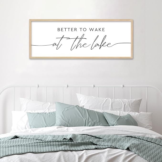 SRSZHIYUE Better To Wake At The Lake Wall Decor Above Bed Sign 40"×15" for Lake House Rustic Bedroom Over Bed Farmhouse Large Wood Framed Home Wall Hanging Art (Wood)