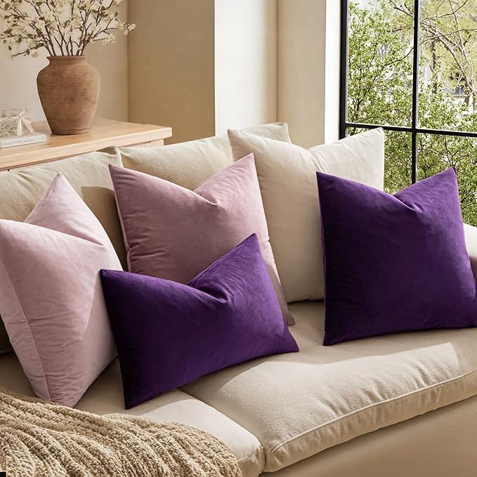 MIULEE Velvet Throw Pillow Covers 20x20 Inch, Pack of 2 - Eggplant Purple, Super Soft Decorative Square Cushion Cases Modern Luxury Spring Home Decor for Sofa,Couch,Bed,Chair
