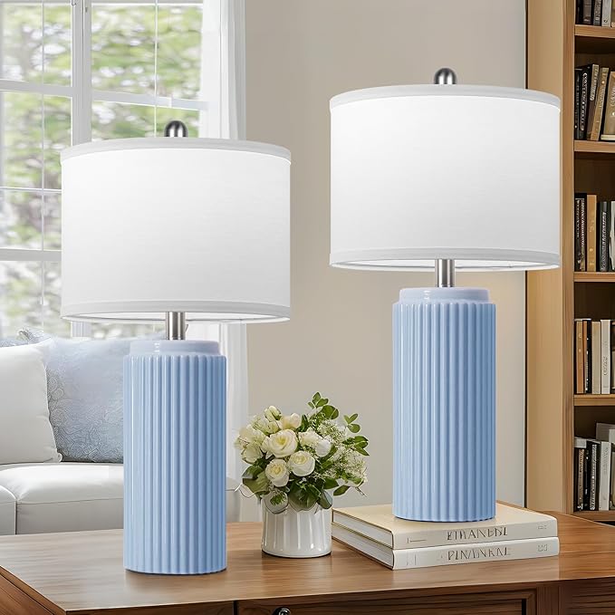 TOBUSA 23.5’’ Sky Blue Farmhouse Table Lamps for Living Room Set of 2, Modern Elegant Ceramic Bedside Nightstand Lamps with White Linen Shade for Bedroom, Coastal Lamps Set for Study Home Office