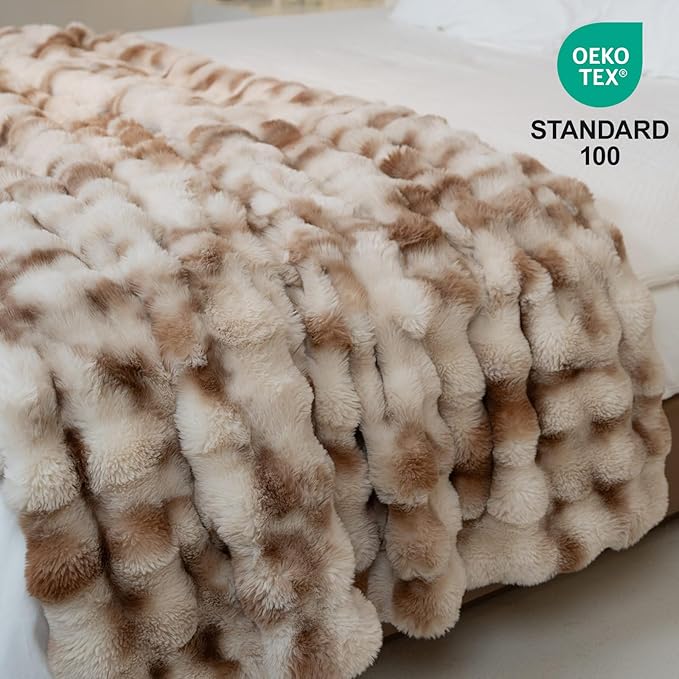 Luxury Double-Sided Faux Fur Throw Blanket for Couch, Camel Cozy Fluffy Bubble Blanket for Airplane RV Car Road Trip Spring Camping Travel Office Nap Home Bed, Machine Washable, 50" x 60"