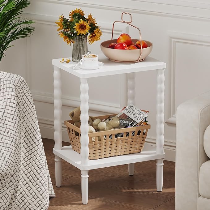 Small Narrow Side Table, Vintage End Table - Skinny Bedside Nightstand for Small Spaces, Couch/Recliner Accent Table for Bedroom Living Room Nursery, No-Tool Assembly (White)