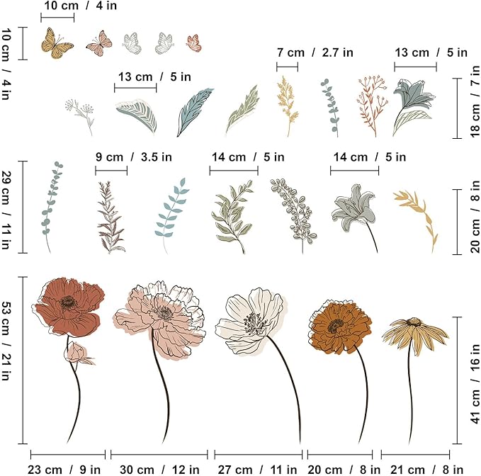 Large Boho Flower Wall Decals, Floral Grass and Butterfly Wall Stickers for Bedroom Living Room Decor Gifts for Mom