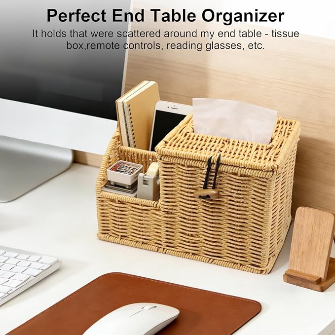 Tissue Box Cover Square, Cube Tissue Box Holder, Tissue Box Cover and Storage, Wicker Tissue Box Holder with Remote Organizer, Bedside Nightstand Organizer for Bedroom/Bathroom/Office/Countertop