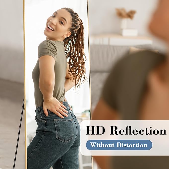 Mirror Full Length, Upgraded Body Wall Mirrors with Shatter-Proof Glass, Floor Standing, Hanging or Leaning, Tall Mirror with Stand Aluminum Alloy Frame for Bedroom