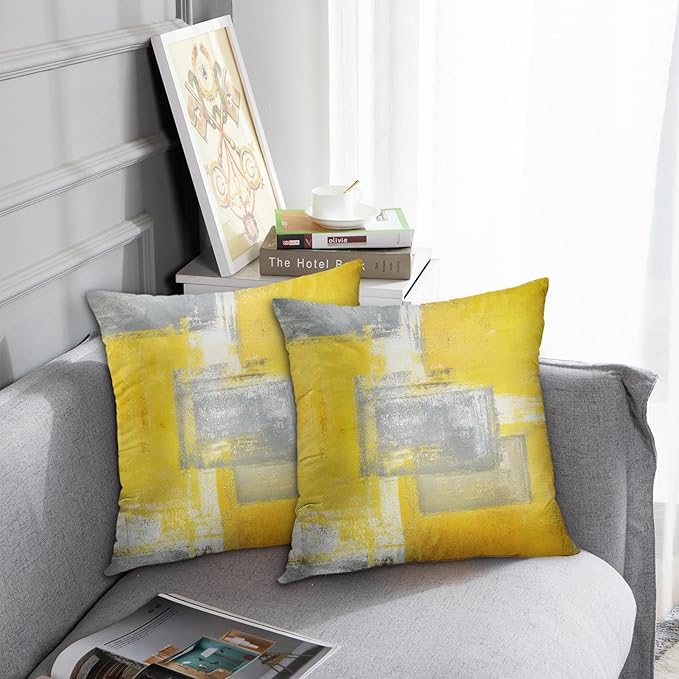 Britimes Throw Pillow Covers Modern Home Art Decor, 18 x 18 Inches Set of 2 Pillow Cases Decorative, Abstract Oil Painting Pillowcases for Bedroom, Living Room, Cushion Couch Sofa, Yellow Grey