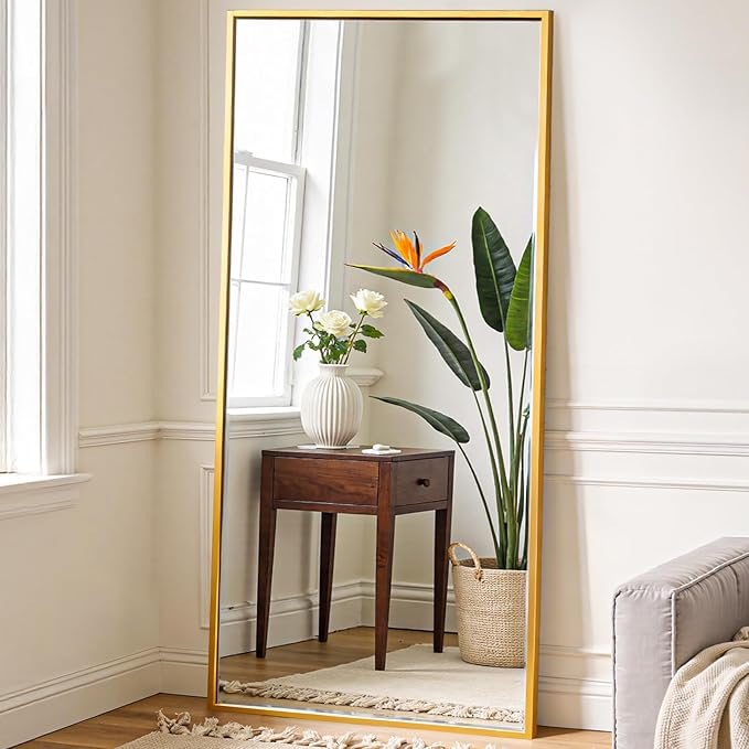 NEWBULIG Arched Full Length Mirror 26"x 68" for Bedroom, Full Body Mirror with Stand, Hanging or Leaning for Wall, Aluminum Alloy Thin Frame Floor Standing for Living Room, Long, Gold