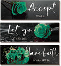 3 Pcs Green Wall Decor Inspirational Bathroom Decor Wooden Rose Wall Art Office Decoration With Accept Let Go Have Faith Quotes For Girl Women Bedroom Kitchen(Green 12 X 4 Inch)