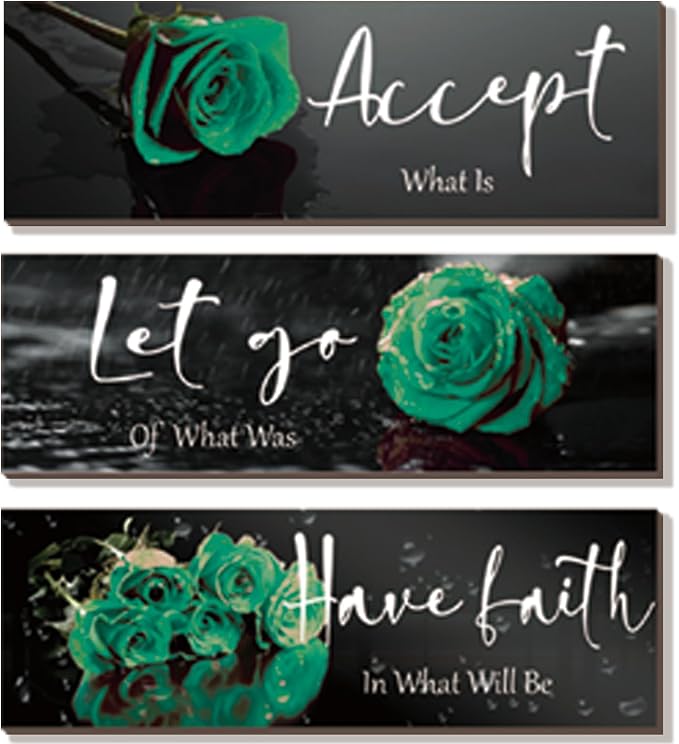 3 Pcs Green Wall Decor Inspirational Bathroom Decor Wooden Rose Wall Art Office Decoration With Accept Let Go Have Faith Quotes For Girl Women Bedroom Kitchen(Green 12 X 4 Inch)