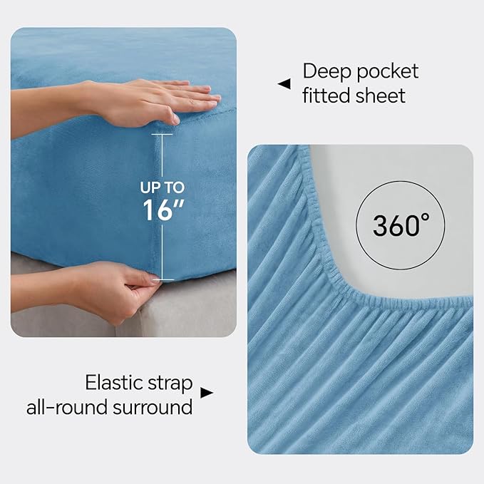 BEDELITE Flannel Sheets Full Size Forever Blue - Super Soft Fleece Sheets Set Fluffy Extra Plush, 4 Piece(Include Fitted Sheet, Flat Sheet, 2 Pillowcases)