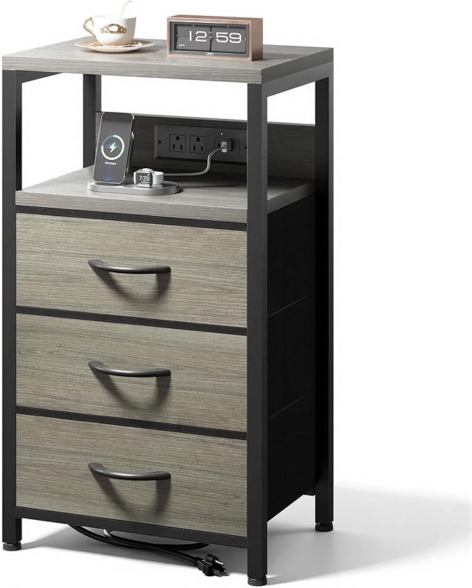 NightStand Bedside Charging Table Bedroom - Night Stand with Charger Station, Modern Nightstand with Open Shelf & 3 Fabric Drawers, End Table with USB-C USB Ports & AC Outlets for Dorm, Grey