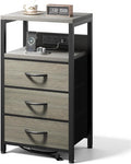 NightStand Bedside Charging Table Bedroom - Night Stand with Charger Station, Modern Nightstand with Open Shelf & 3 Fabric Drawers, End Table with USB-C USB Ports & AC Outlets for Dorm, Grey