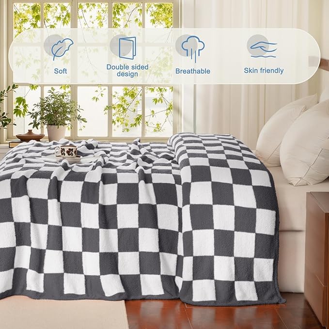 Whale Flotilla Checkered Knit Throw Blanket, Ultra Soft Warm Reversible Cozy Decorative Blankets for Couch Sofa and Bed, 50x60 Inch, Grey