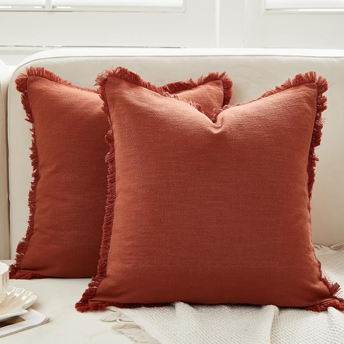 Sunday Praise Set of 2 Linen Fringe Fall Decorative Pillow Covers 18x18 Inch Farmhouse Accent Boho Throw Pillow Cases with Tassels Cozy Soft Cushion Covers for Couch Sofa Bed Home Decor,Rust Orange