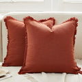 Sunday Praise Set of 2 Linen Fringe Fall Decorative Pillow Covers 18x18 Inch Farmhouse Accent Boho Throw Pillow Cases with Tassels Cozy Soft Cushion Covers for Couch Sofa Bed Home Decor,Rust Orange