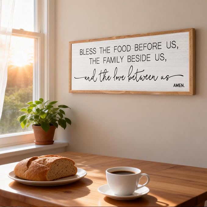 Bless the Food Before Us, the Family Beside Us, and the Love between us Framed Wall Art for Dining Room, 40''×15'' Rustic Holy Positive Religious Bible Verse for Christian God Jesus Christ Prayer