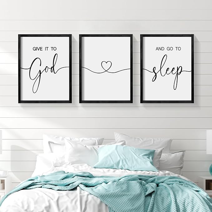 Heiple Give It to God and Go to Sleep Sign Set of 3 Above Bed Wall Decor Farmhouse Bedroom Decor Wood Framed Art Rustic Master Bedroom Essentials Home Decoration (Black, 11”x14”)