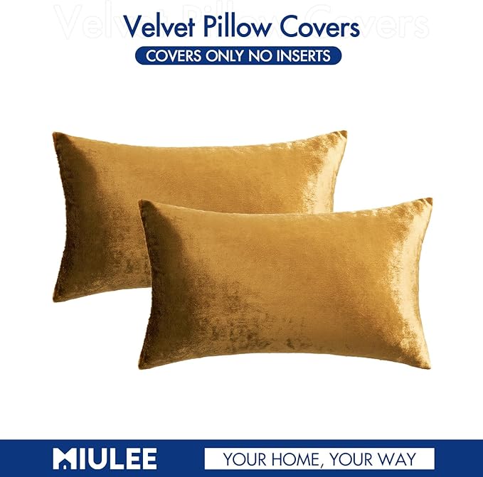 MIULEE Velvet Throw Pillow Covers 12x20 Inch, Pack of 2 - Dark Gold, Soft Solid Lumbar Decorative Pillow Covers Modern Luxury Home Decor for Chair Couch Sofa Bedroom Livingroom