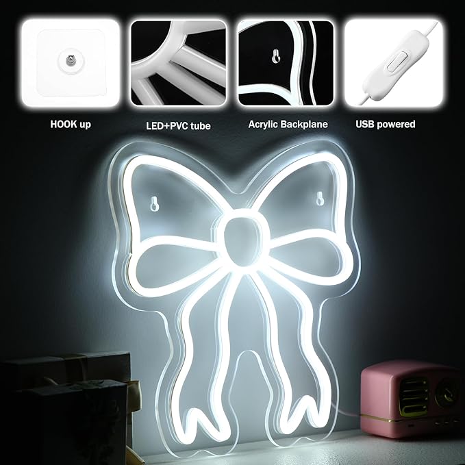 Retisee Bow LED Neon Sign Bedroom Women Room Neon Light Sign Coquette Aesthetic Home Wall Preppy Dorm Beauty Room Salon Decor Party Bar Decoration Gift for Her 11.8x11.8in (White)