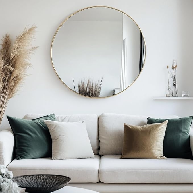 Gold Circle Mirror, 20 inch Gold Round Mirror, Circular Wall Mirrors Metal Frame, Round Wall Mirrors for Living Room, Bedroom, Bathroom, Hallway, Rustic, Vanity.
