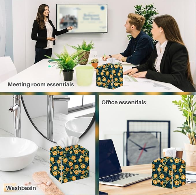 Tissue Box Cover, Tissue Box Holder, Square with Belt Bottom, PU Leather Decorative Organizer for Desk, Tabletop, Countertop Bathroom, Toilet Car, Office, Dresser, Aesthetic Yellow Flower Decor
