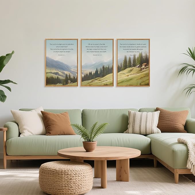 CHDITB Spiritual Scripture Framed Canvas Wall Art, Neutral Bible Verse Psalm Wall Decor, Forest Mountain Wall Painting, vintage Faith Based Uplifting Prints for Home Church Prayer Room Decor 12”x16”x3