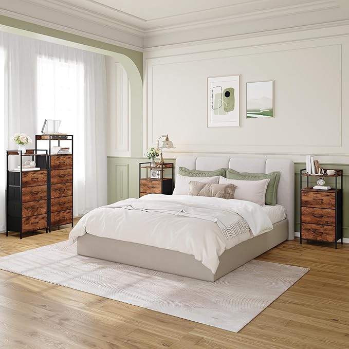 Somdot Nightstand with 3 Drawers, Dresser with Fabric Bins for Bedroom, Hallway, Entryway, Night Stand Bedside Table Furniture, Sturdy Steel Frame, Wooden Top, Easy Pull Fabric Bins, Wood Grain Print
