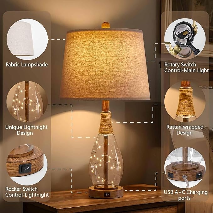 OYEARS 23" USB A+C Table Lamps Set of 2 for Bedroom Living Room Modern Bedside Lamps Retro Farmhouse Rattan Glass Nightstand Nightlight Lamps,Two Light Points