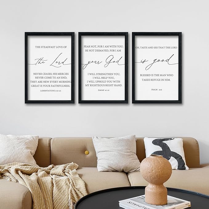 Bible Verses Christian Wall Decor Art The Lord Your God Is Good 16"x11" Set of 3 Scripture Bedroom Above Bed Sign Religious Rustic Home Office Living Room Wall Hanging (Black)