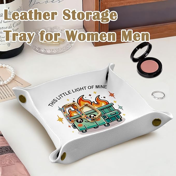 Dumpster Fire Gifts Valet Jewelry Tray for Colleague Women Men, Funny Office Gifts PU Leather Catchall Beside Caddy Nightstand Organizer Tray for Rings Watches Keys and Accessories,7.87x7.87in